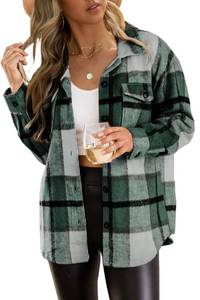 lot 21677 image: Trendy Queen Womens Casual Plaid Shacket Wool Blend Button Down Long Sleeve Shirt Fall Jacket Shackets Green M