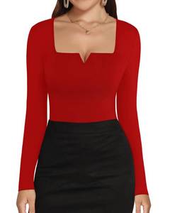 lot 21682 image: HERLOLLYCHIPS Long Sleeve Shirts for Women Tops Square Neck Notch Sexy Casual Fitted Tee T-Shirts Tshirt (Red, Small)