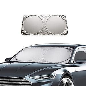 lot 21687 image: Ziciner Car Windshield Sun Shade with Storage Pouch, Auto Sun Shield Blocks UV Rays Protector Cover, Foldable Front Window Sunshade Visor Protection Fits for Most Cars SUVs (Large 6333.8in)