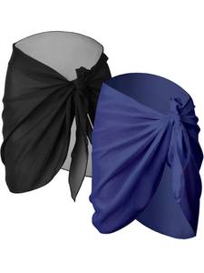 lot 21692 image: 2 Pieces Sarong Coverups for Women Bathing Suit Wrap Swimsuit Skirt Beach Bikini Cover Up Swimwear Chiffon (Black and Blue,Small)