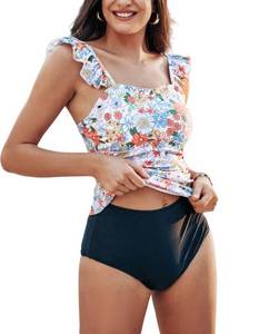 lot 21695 image: Kate Kasin 2024 Two Piece Tankini Swimsuits for Women High Waisted Tummy Control Floral Bikini Swimwear Ruched Bathing Briefs Suits with Padded Orange Floral M