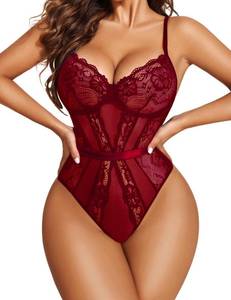 lot 21700 image: Avidlove Womens Sheer Mesh Sleeveless Floral Lace Spaghetti Strap Bodysuit Tops Lingerie Set Wine Red