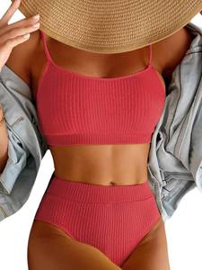 lot 21705 image: MakeMeChic Womens Ribbed High Waisted Bikini Sets Swimsuit Bathing Suit Watermelon Pink M