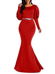 lot 21709 image: Memoriesea Womens Elegant Long Puff Sleeve Crew Neck Bodycon Mermaid Evening Gown Maxi Dress Red