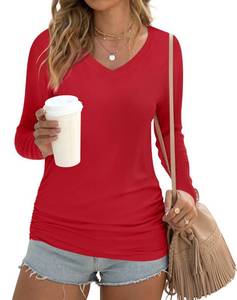 lot 21718 image: Anydoll Womens Fall Red Tunic Tops Casual Long Sleeve T Shirts V Neck Dressy Blouse Small