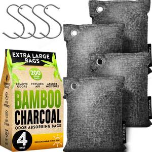 lot 21724 image: Charcoal Odor Absorber for Strong Odor (Large, 4 Pack, 200g each), Bamboo Air Purifying Bag, Activated Charcoal Odor Absorber for Closet, Shoe, Car, Basement Musty Odor Eliminator Deodorizer
