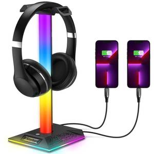 lot 21727 image: SIMOEFFI Upgraded RGB Gaming Headphones Stand, Headset Stand with 3.5mm AUX and 2 USB Charging Ports, Headphone Holder with 10 Light Modes and Memory Feature for Gamers PC Earphone Accessories Desk