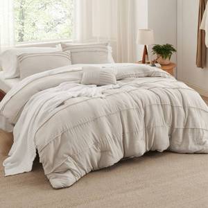 lot 21731 image: Bedsure Beige Queen Comforter Set - 4 Pieces Pinch Pleat Bed Set, Down Alternative Bedding Sets for All Season, 1 Comforter, 2 Pillowcases, 1 Decorative Pillow
