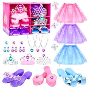 lot 21733 image: Princess Dress Up Shoes & Pretend Jewelry Toys, Dress Up Clothes for Little Girls, Toddler Role Play Shoes Set with 3 Pairs of Princess Shoes, Skirts, Tiaras Crowns, Gifts for 3 4 5 6 Year Old Girls