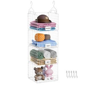 lot 21735 image: 4 Tier Hanging Closet Shelves-Clothes Haning Organizer with Name Plate S Hooks, Wall Mount&Cabinet Wire Storage Basket Bins, for Clothing Sweaters Shoes Handbags Clutches Accessories-White