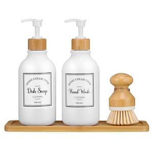 lot 21741 image: Zopeal 4 Pcs Kitchen Soap Dispenser Set 16 oz Dish Soap Dispenser with Bamboo Tray and Dish Brush Plastic Soap Dispenser Set with Waterproof Labels for Hand Soap Dish Lotion(Frosted White)