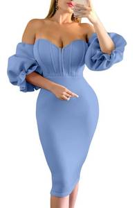 lot 21745 image: Memoriesea Womens Sexy Off Shoulder Bodycon Lantern Sleeve Front Hook Midi Party Dress Light Blue M