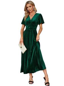 lot 21746 image: Simplee Women�s Short Sleeve Velvet Maxi Dress V Neck Formal Dress(L Green)