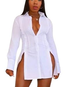 lot 21749 image: LYANER Womens Collar V Neck Long Sleeve Button Down Slit Hem Long Shirts Blouse Top White X-Large