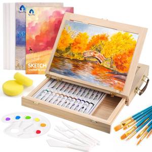 lot 20547 image: Painting Supplies Set, 49 Pieces Watercolor Painting Kit with Wooden Tabletop Easel, Includes Watercolor Paints, Brushes, Palette, Canvas Panels and Painting Pads, for Artists, Student, Adults, Kids