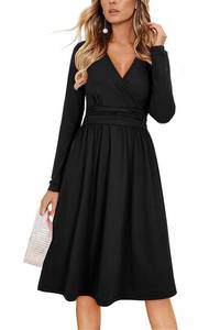 lot 20552 image: OUGES Womens Fall Dresses for Women 2023 Long Sleeve V Neck Teacher Outfits Wedding Guest Dress with Pockets (Black,L)