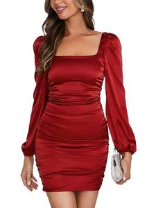 lot 20568 image: Rooscier Womens Satin Square Neck Puff Long Sleeve Ruched Bodycon Cocktail Mini Dress Solid Wine Red Small