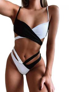 lot 20580 image: Lilosy Sexy Wrap Criss Cross Cutout Two Tone Color Block High Cut Leg Thong Brazilian Bikini Swimsuit Set Women Cheeky Bottom Tie Back Bathing Suit 2 Piece Black and White Small
