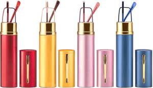lot 20582 image: REAVEE 4 Pack Slim Pen Reading Glasses for Women Stylish Small Metal Tube Readers Spring Hinge with Portable Clip Case, Red Gold Pink Blue 3.75