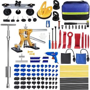 lot 20591 image: QIUJIN 129PCS Dent Puller Kit, Paintless Dent Removal Tool with Adjustable Golden Dent Lifter, Slide Hammer T-bar Dent Puller, Bridge Puller, and Suction Cup for Car Hail Door Dent Repair