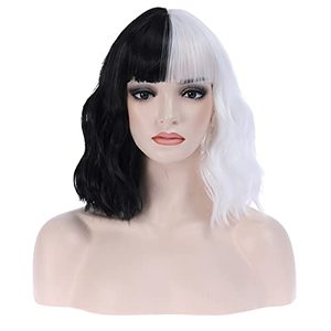 lot 20601 image: MAGQOO Half Black White Wig with Bangs Women Girls Short Curly Wavy Bob Wig Black and White Hair Wigs Halloween Cosplay Costume Party Wig