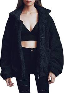 lot 20617 image: Womens Coat Casual Lapel Fleece Fuzzy Faux Shearling Zipper Coats Warm Winter Oversized Outwear Jackets (Black,S)