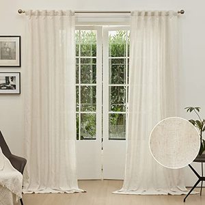 lot 20625 image: MYSKY HOME Country Curtains for Sliding Glass Door, Back Tab Semi Sheer Curtain Panels Extra Long Floor Length Drapes Linen Texture Soft Touch, 50x108 Inch, Linen, Set of 2