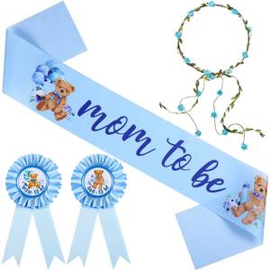 lot 20628 image: Bear Theme Blue Mom to Be Sash Baby Shower Dad to Be Pin and Flower Crown Headband for Gender Reveals Party Baby Shower Party Favors Decorations for Boys and Girls Pregnancy Props Keepsake Gifts