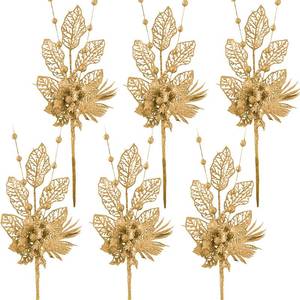 lot 20629 image: 17 Inch Artificial Glitter Berry Stem Ornaments, 6 Pack Christmas Tree Ornaments, Decorative Bead Sticks, Glittery Twigs, Picks, Branches for Christmas Tree, Small Vase, Holiday, Wedding, Party (Gold)