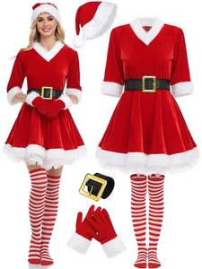 lot 20638 image: SOMSOC 5 Pack Women Christmas Costume Set Velvet Dress with Belt Striped Over Knee High Socks Santa Hat Gloves for Cosplay