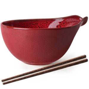 lot 20640 image: Artena Ramen Bowl with Chopsticks, 42oz Ceramic Noodle Bowl, Large Soup Bowl, Pasta Bowl Set, Big Salad Bowl, Deep Pho Bowl for Dumplings, Cereal, Rice, Dishwasher Microwave Safe, Gourd Design, Red