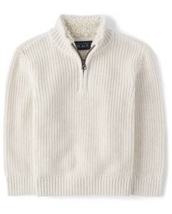 lot 20650 image: The Childrens Place Baby Boys and Toddler Long Sleeve Holiday Sweater, Vanilla Quarter Zip, 2T