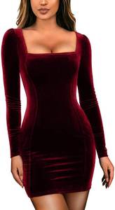 lot 20654 image: GOBLES Womens Sexy Velvet Long Sleeve Bodycon Elegant Mini Party Dress Wine Red