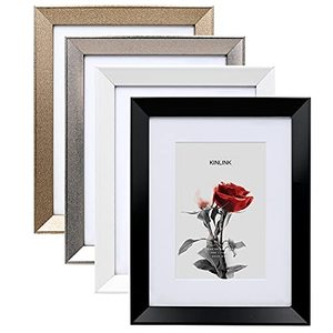 lot 20664 image: KINLINK 6x8 Picture Frames - Black, White, Silver & Gold, Colorful Photo Frames with Real Glass for Pictures 4x6 with Mat or 6x8 without Mat, Tabletop and Wall Mounting Display, Set of 4
