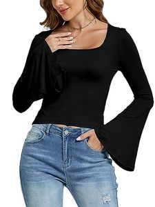 lot 20665 image: LYANER Womens Casual Solid Square U Neck Bell Long Sleeve Skinny Tee Shirt Top Black X-Small