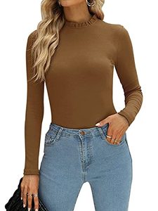 lot 20673 image: PINKMSTYLE Long Sleeve Bodysuit for Women Ribbed Slim Fit Ruffle Mock Neck Tops One Piece Jumpsuits Brown Large