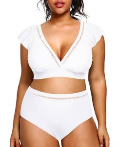 lot 20677 image: Daci Women Plus Size High Waisted Bikini Sets Two Piece Swimsuits Cap Sleeve Bathing Suits Ruffle Trim Swimwear White 24 Plus