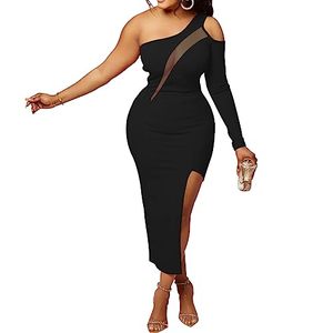 lot 20687 image: Ryehack Women Dress Club Sexy Cold One Shoulder Long Sleeve Cut Out Mesh Midi Elegante Party Cocktail Club Dresses Small