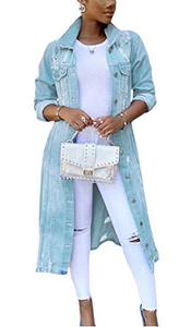 lot 20691 image: chouyatou Womens Distressed Hole Over Knee Midi Long Denim Jacket Trench Coat (Medium, Light Blue)