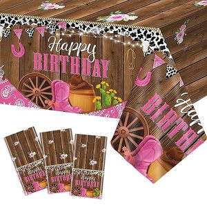 lot 20694 image: OBUSATT 3 Pieces Western Cowgirl Birthday Party Tablecloth Plastic Cowgirl Theme Tablecover Cow Print Party Table Wild West Theme Party Decoration for Girl Birthday Baby Shower 108 x 54 Inch