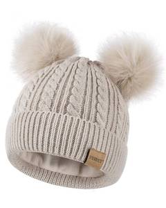 lot 20696 image: Beanies Women with Double Pom Pom, Winter Hats for Women Cold Weather Warm Cable Knit Fleece Lined, Cute Beanie Cap for Daily Use(Oatmeal)