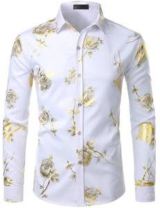 lot 20704 image: ZEROYAA Mens Hipster 3D Golden Rose Floral Printed Slim Fit Long Sleeve Button Down Dress Shirts ZZCL22 White Small