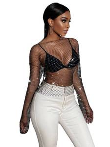 lot 20705 image: MakeMeChic Womens Long Sleeve Rhinestone Mesh See Through Crop Top Shirt Clubwear Cover Up A Black S