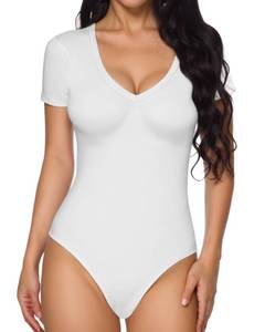 lot 20712 image: MANGOPOP White Bodysuit Short Sleeve V Neck Tops for Women Clothing L