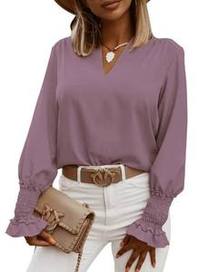 lot 20715 image: LYANER Womens V Neck Shirred Bell Long Sleeve Blouse Casual Tunic Top Lilac X-Large