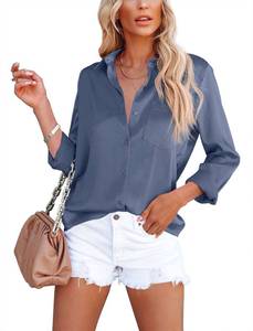 lot 20728 image: OMSJ Womens Button Down Shirts Satin V Neck Long Sleeve Casual Work Blouse Tops with Pocket (1173XXL, Blue Grey)