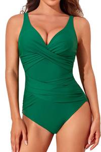lot 20730 image: Smismivo Tummy Control Swimsuits for Women Slimming One Piece Bathing Suit Modest Padded Ruched Push Up Long Torso Curvy Cute Shapewear V Neck Criss Cross Swimming Full Coverage Swimwear (Green)small
