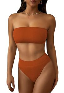 lot 20735 image: Pink Queen Womens High Waisted Bikini Bottom Bandeau Swimsuit Removable Strap Bathing Suit Burnt Orange L