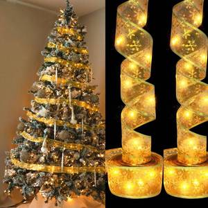 lot 20745 image: Christmas Gold Ribbon with Lights Tree Topper Accessories Decoration 16 ft with 50 LED, Battery Operated (2 Packed)