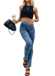 lot 20754 image: RAISECOM Womens Jeans Elastic High Waist Stretch Jeans for Women Curvy Slit Hem Blue XL